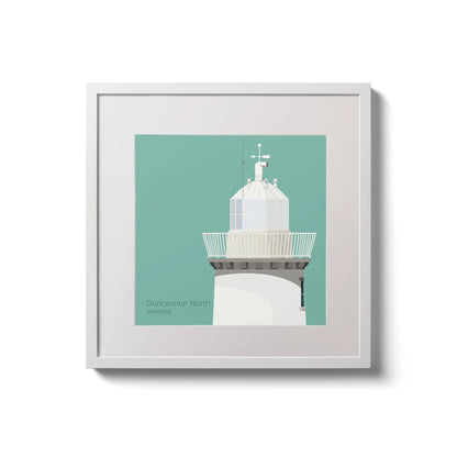 Contemporary wall hanging  Duncannon North lighthouse on an ocean green background,  in a white square frame measuring 20x20cm.