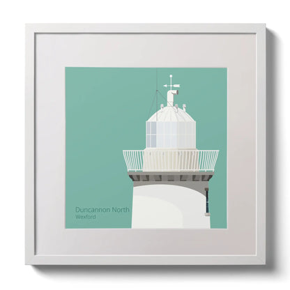 Illustration  Duncannon North lighthouse on an ocean green background,  in a white square frame measuring 30x30cm.