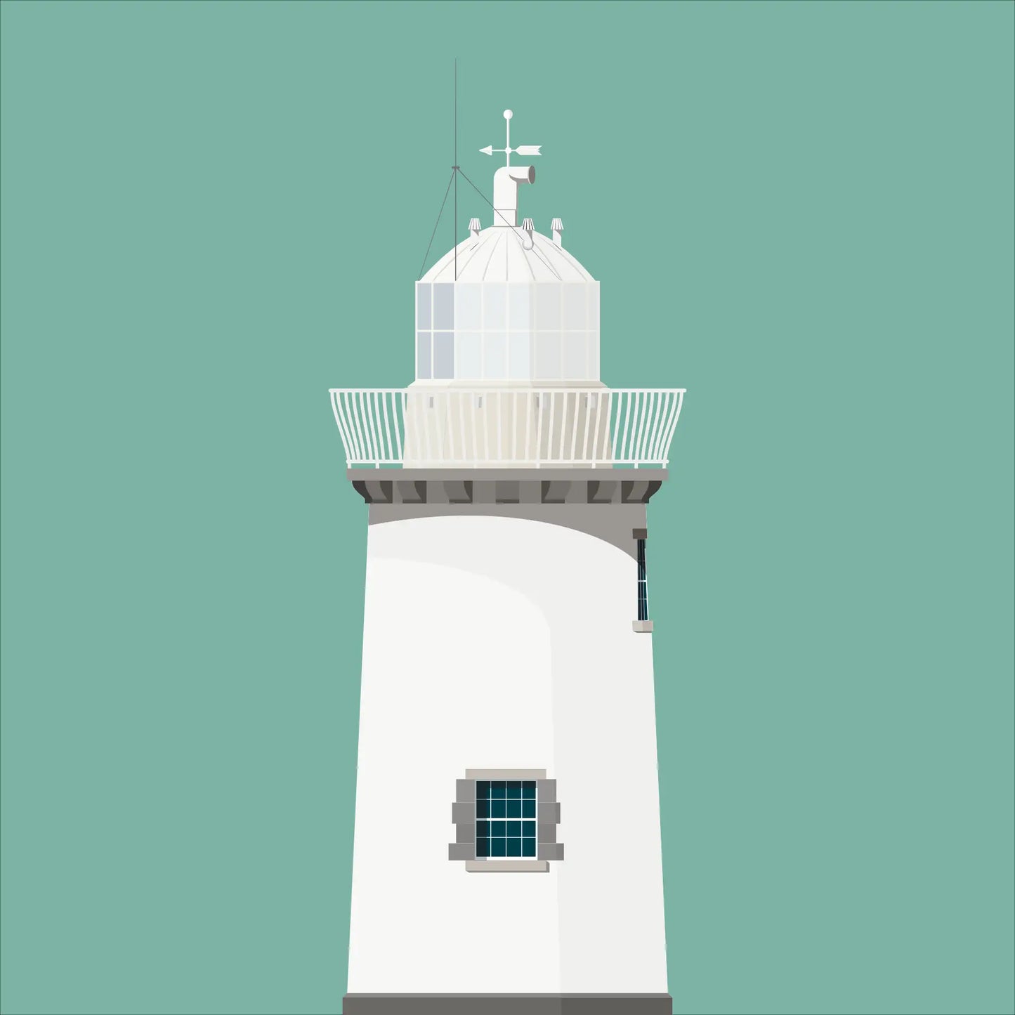Contemporary graphic illustration of Duncannon North lighthouse on a white background inside light blue square.