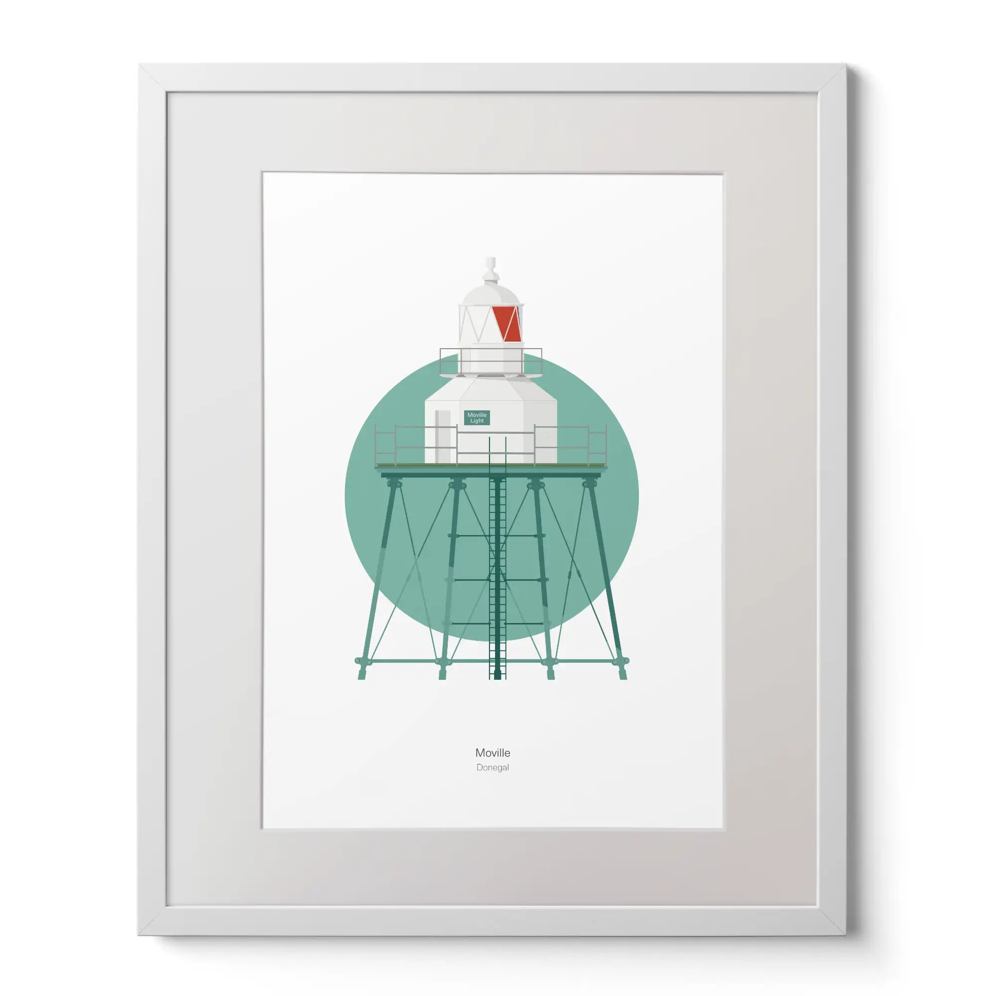 Contemporary art print of Moville lighthouse on a white background inside light blue square,  in a white frame measuring 40x50cm.