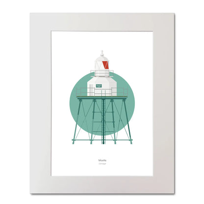 Contemporary illustration of Moville lighthouse on a white background inside light blue square, mounted and measuring 40x50cm.