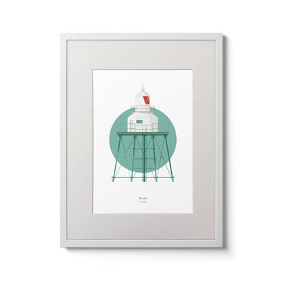 Contemporary wall art decor of Moville lighthouse on a white background inside light blue square,  in a white frame measuring 30x40cm.