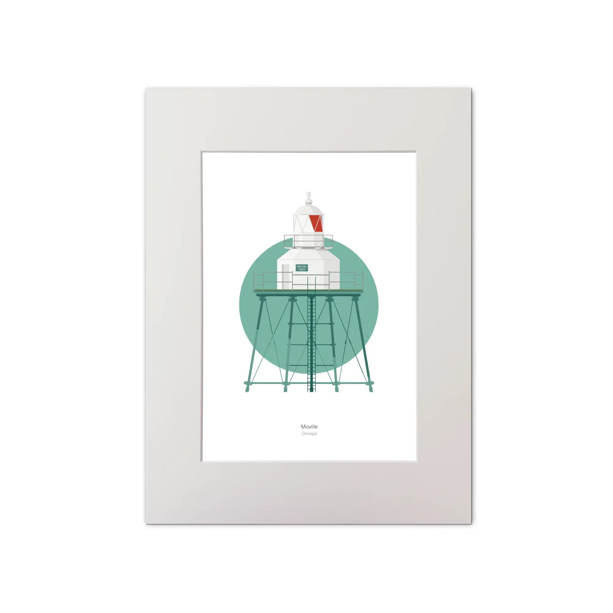 Contemporary graphic illustration of Moville lighthouse on a white background inside light blue square, mounted and measuring 30x40cm.