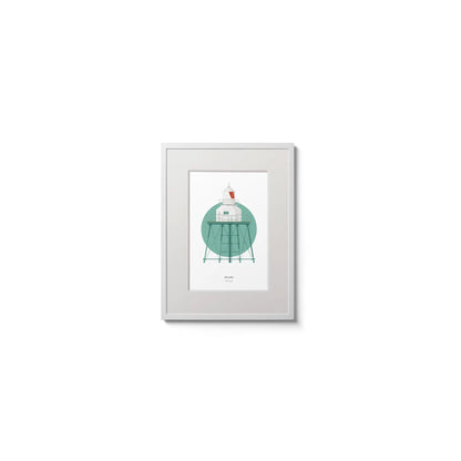 Contemporary wall hanging of Moville lighthouse on a white background inside light blue square,  in a white frame measuring 15x20cm.