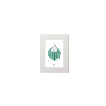 Contemporary graphic illustration of Moville lighthouse on a white background inside light blue square, mounted and measuring 15x20cm.