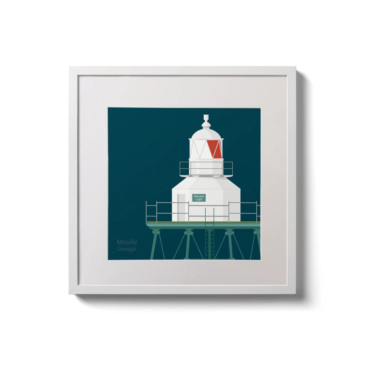 Framed wall art decoration  Moville lighthouse on a midnight blue background,  in a white square frame measuring 20x20cm.