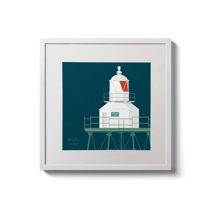 Framed wall art decoration  Moville lighthouse on a midnight blue background,  in a white square frame measuring 20x20cm.