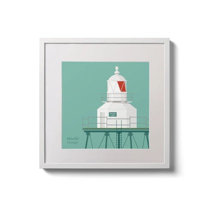Contemporary wall hanging  Moville lighthouse on an ocean green background,  in a white square frame measuring 20x20cm.