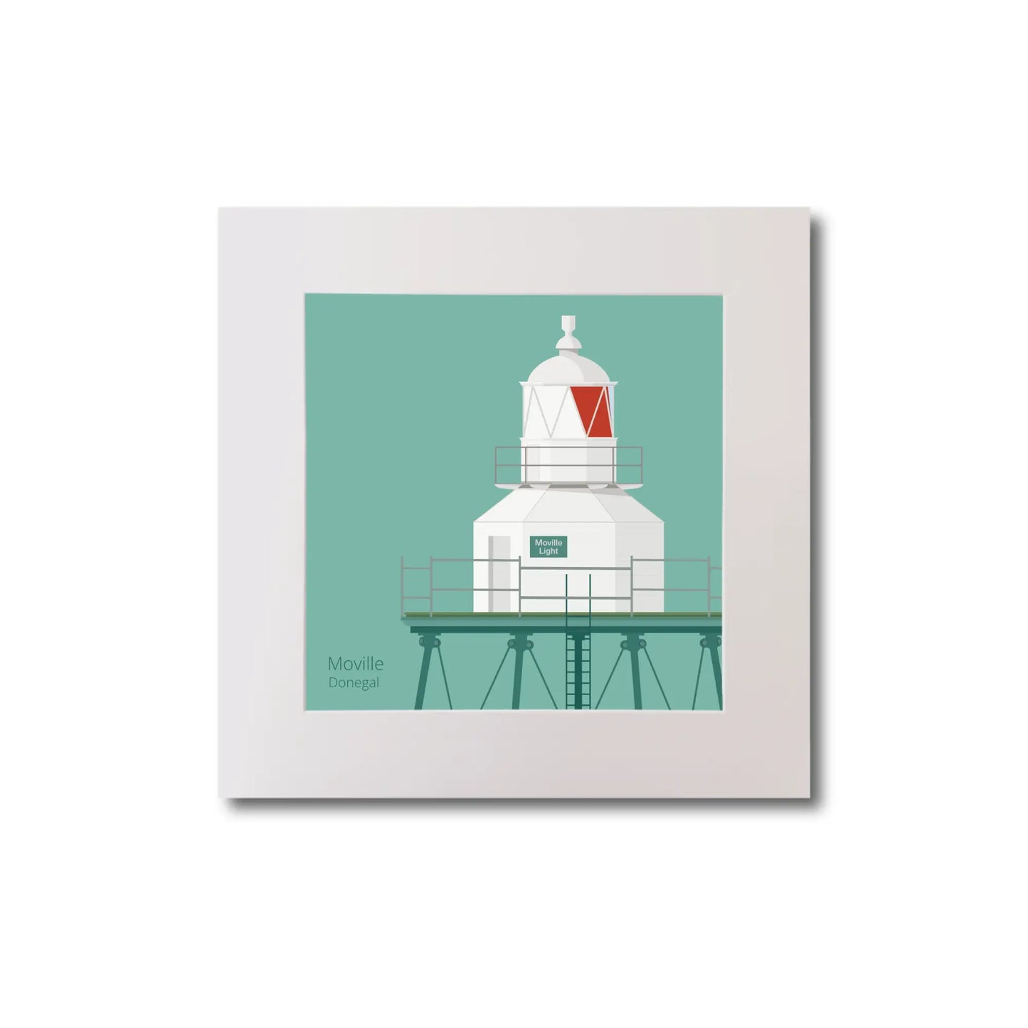 Illustration  Moville lighthouse on an ocean green background, mounted and measuring 20x20cm.
