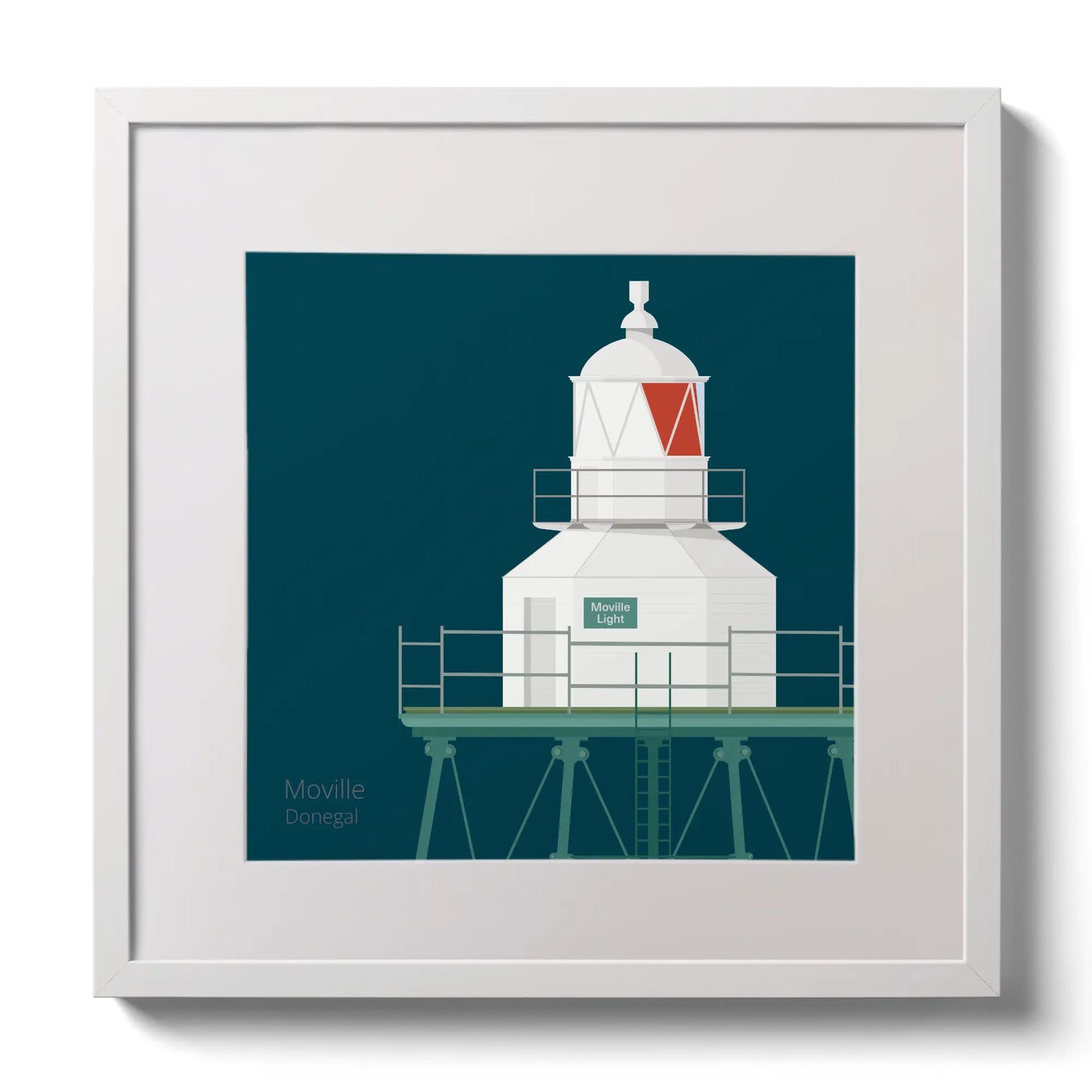 Illustration  Moville lighthouse on a midnight blue background,  in a white square frame measuring 30x30cm.