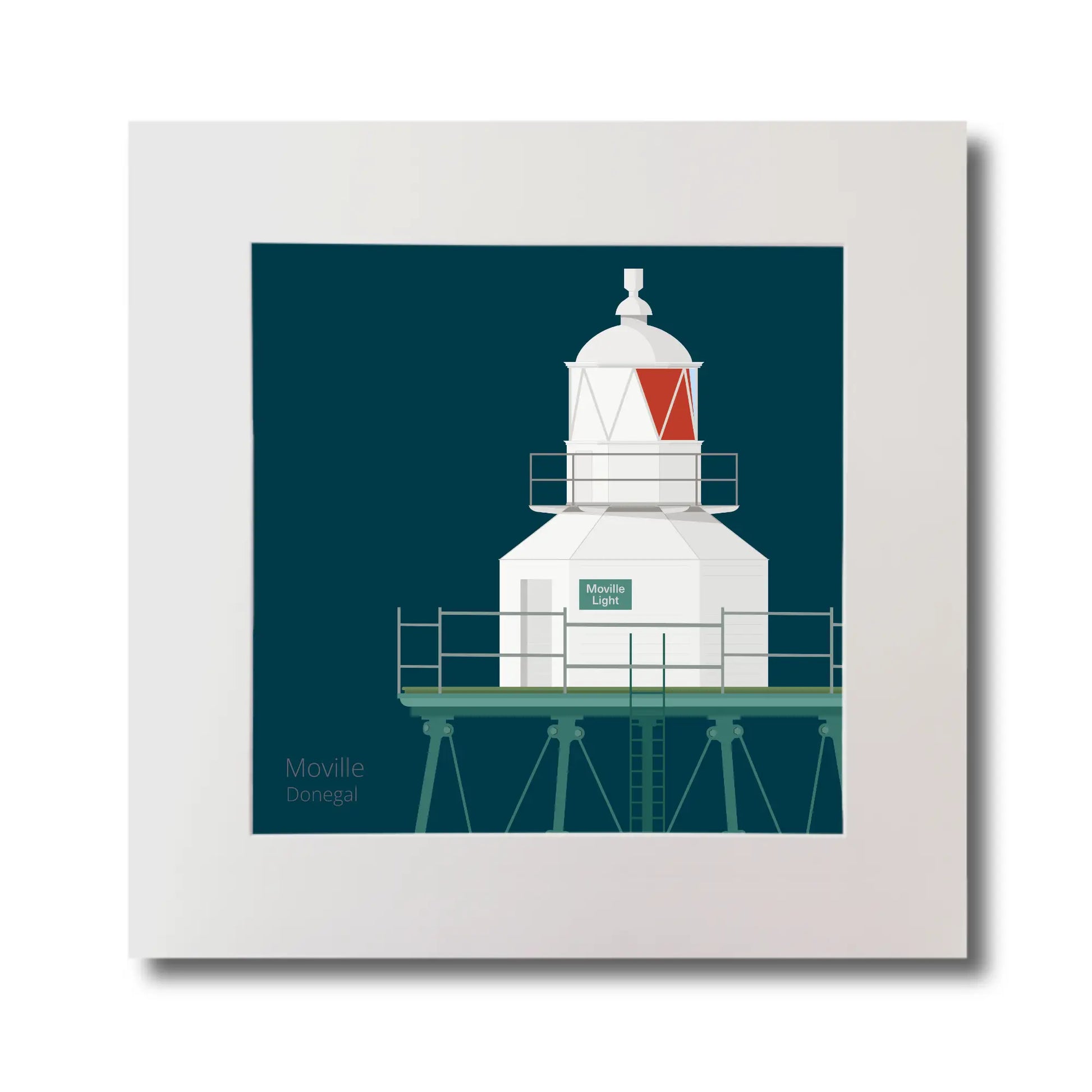 Illustration  Moville lighthouse on a midnight blue background, mounted and measuring 30x30cm.