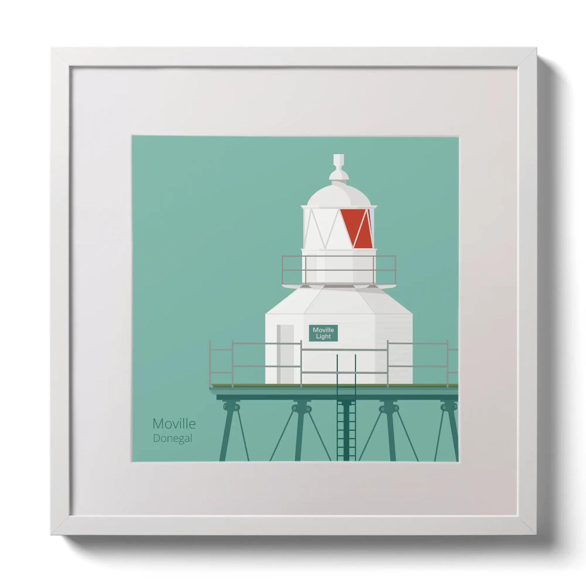 Illustration  Moville lighthouse on an ocean green background,  in a white square frame measuring 30x30cm.