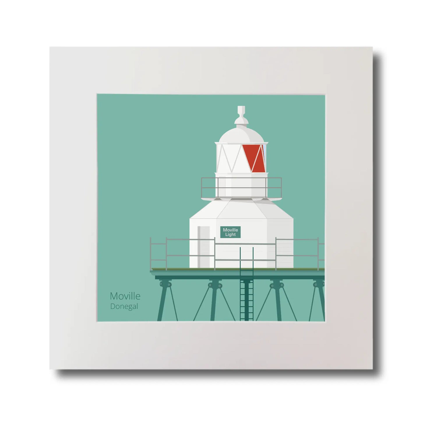 Illustration  Moville lighthouse on an ocean green background, mounted and measuring 30x30cm.