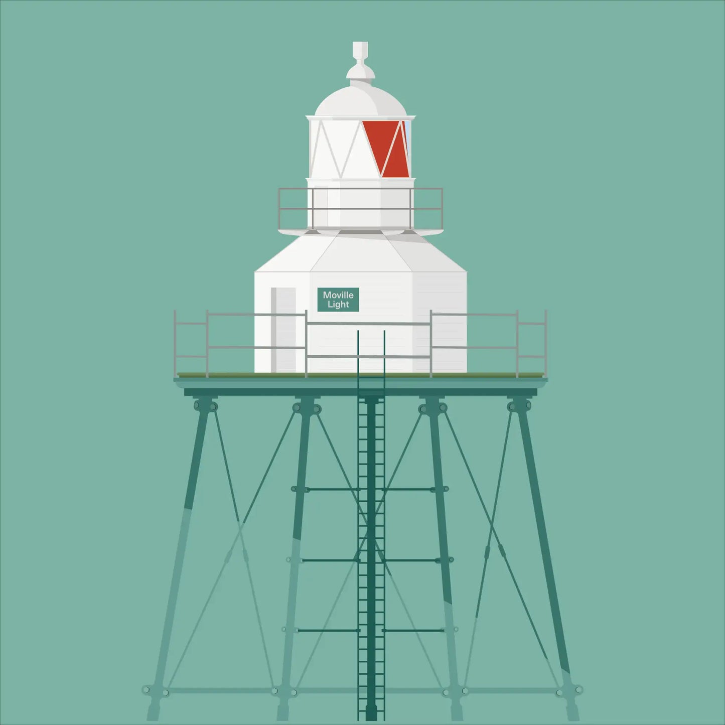 Contemporary graphic illustration of Moville lighthouse on a white background inside light blue square.