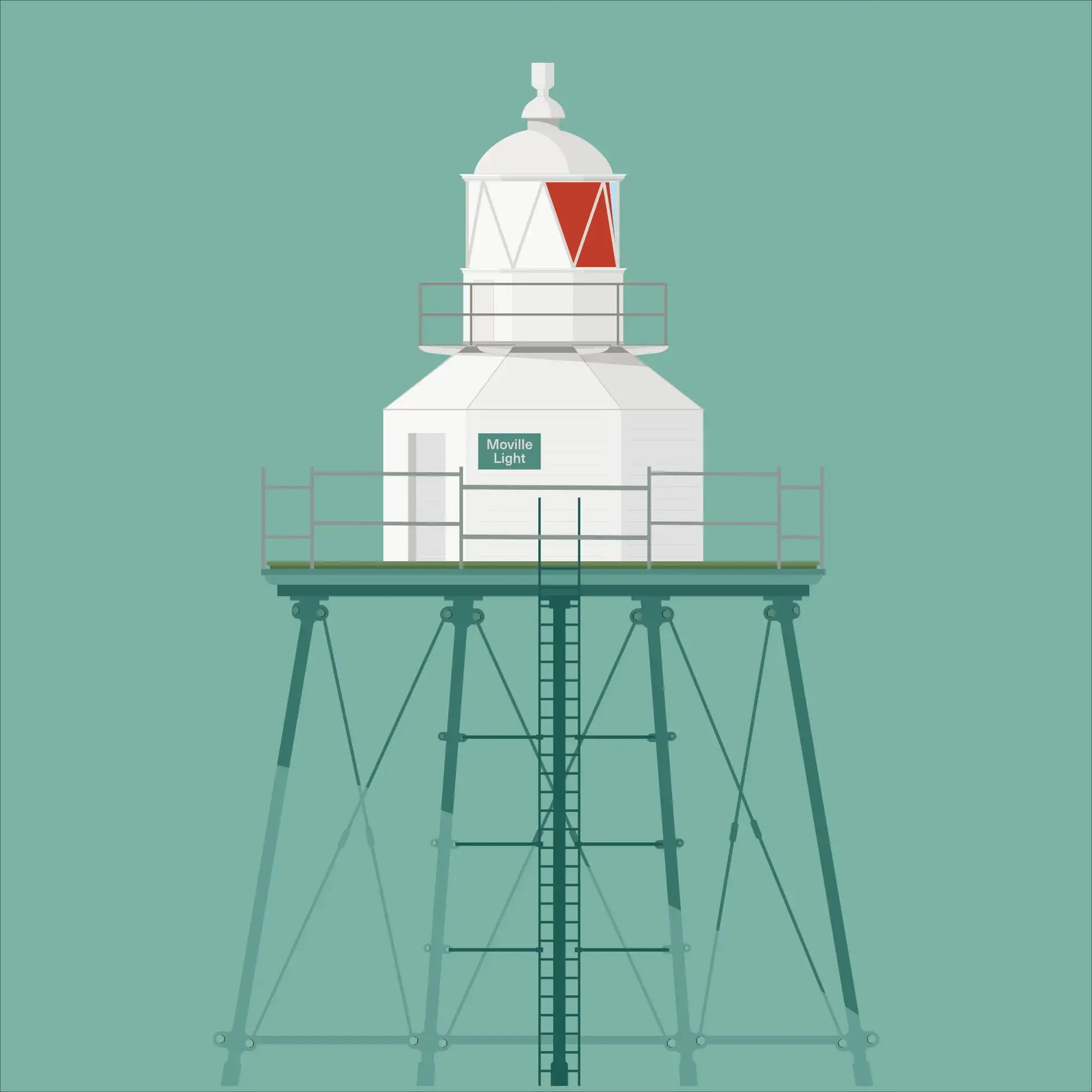 Contemporary graphic illustration of Moville lighthouse on a white background inside light blue square.