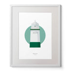 Contemporary art print of Warren Point lighthouse on a white background inside light blue square,  in a white frame measuring 40x50cm.