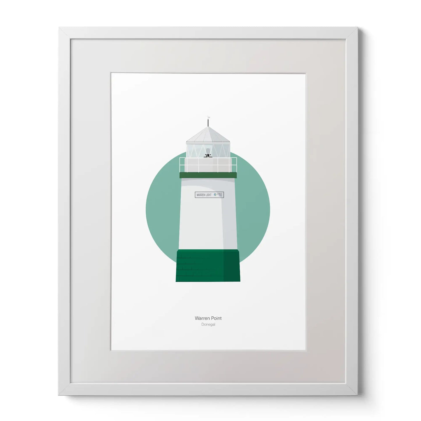 Contemporary art print of Warren Point lighthouse on a white background inside light blue square,  in a white frame measuring 40x50cm.