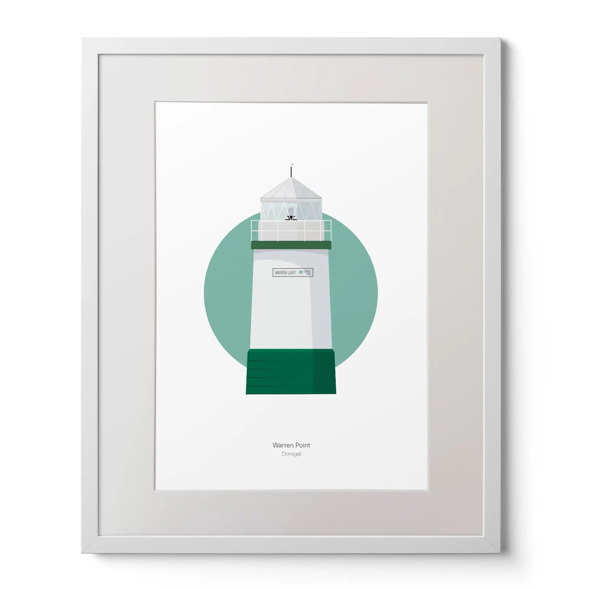 Contemporary art print of Warren Point lighthouse on a white background inside light blue square,  in a white frame measuring 40x50cm.