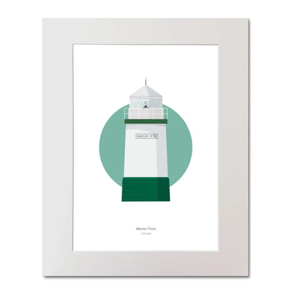 Contemporary illustration of Warren Point lighthouse on a white background inside light blue square, mounted and measuring 40x50cm.