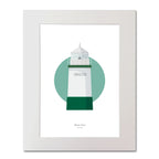 Contemporary illustration of Warren Point lighthouse on a white background inside light blue square, mounted and measuring 40x50cm.