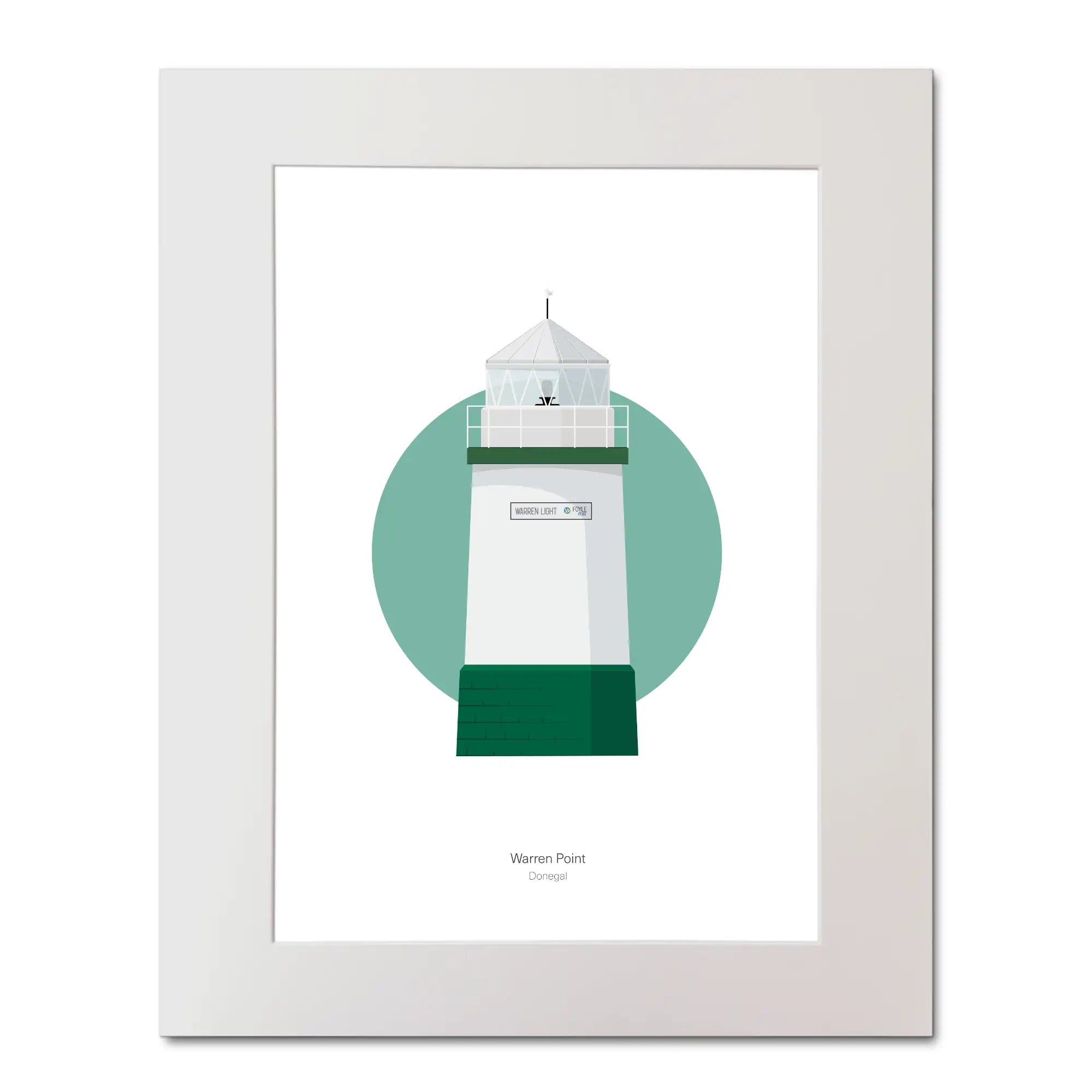Contemporary illustration of Warren Point lighthouse on a white background inside light blue square, mounted and measuring 40x50cm.