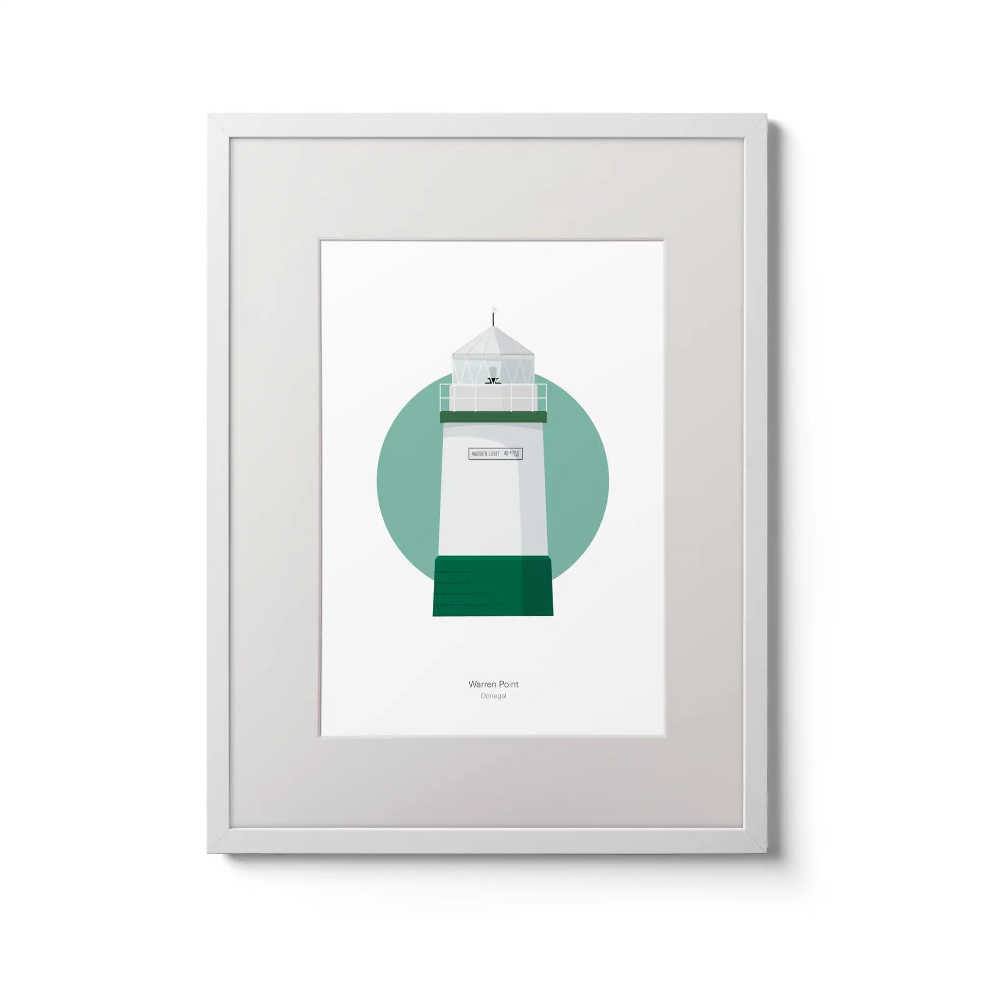 Contemporary wall art decor of Warren Point lighthouse on a white background inside light blue square,  in a white frame measuring 30x40cm.