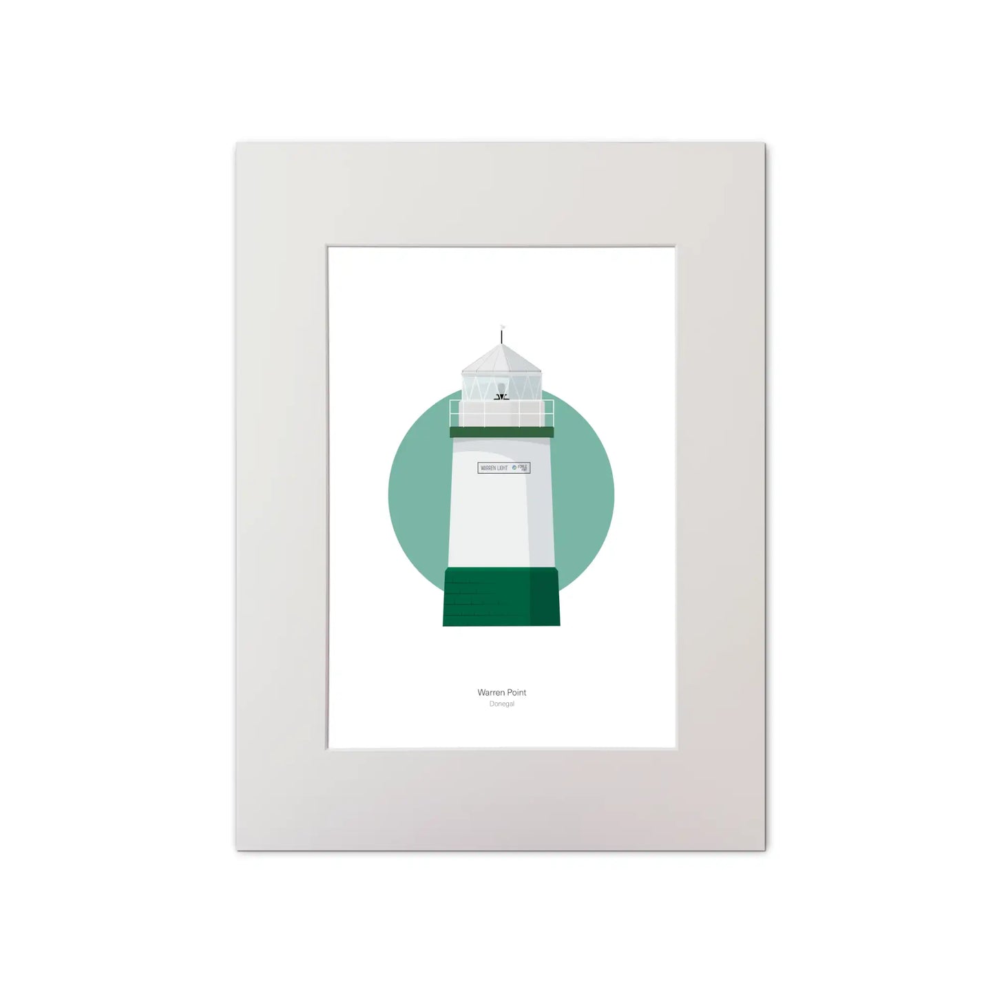 Contemporary graphic illustration of Warren Point lighthouse on a white background inside light blue square, mounted and measuring 30x40cm.
