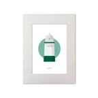 Contemporary graphic illustration of Warren Point lighthouse on a white background inside light blue square, mounted and measuring 30x40cm.