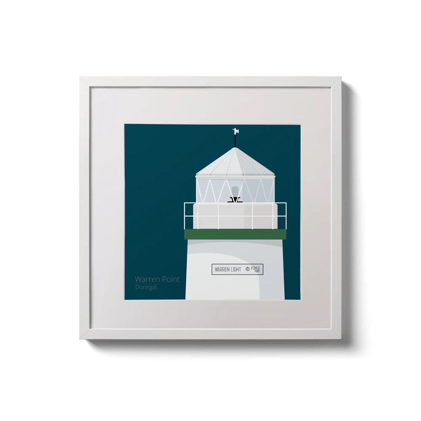 Framed wall art decoration  Warren Point lighthouse on a midnight blue background,  in a white square frame measuring 20x20cm.