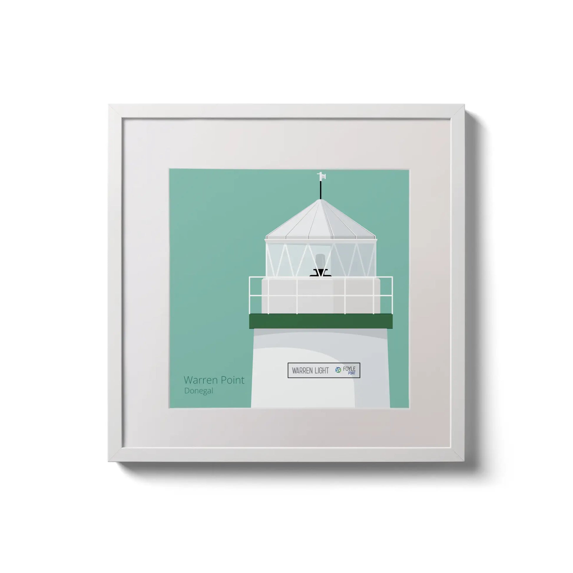 Contemporary wall hanging  Warren Point lighthouse on an ocean green background,  in a white square frame measuring 20x20cm.