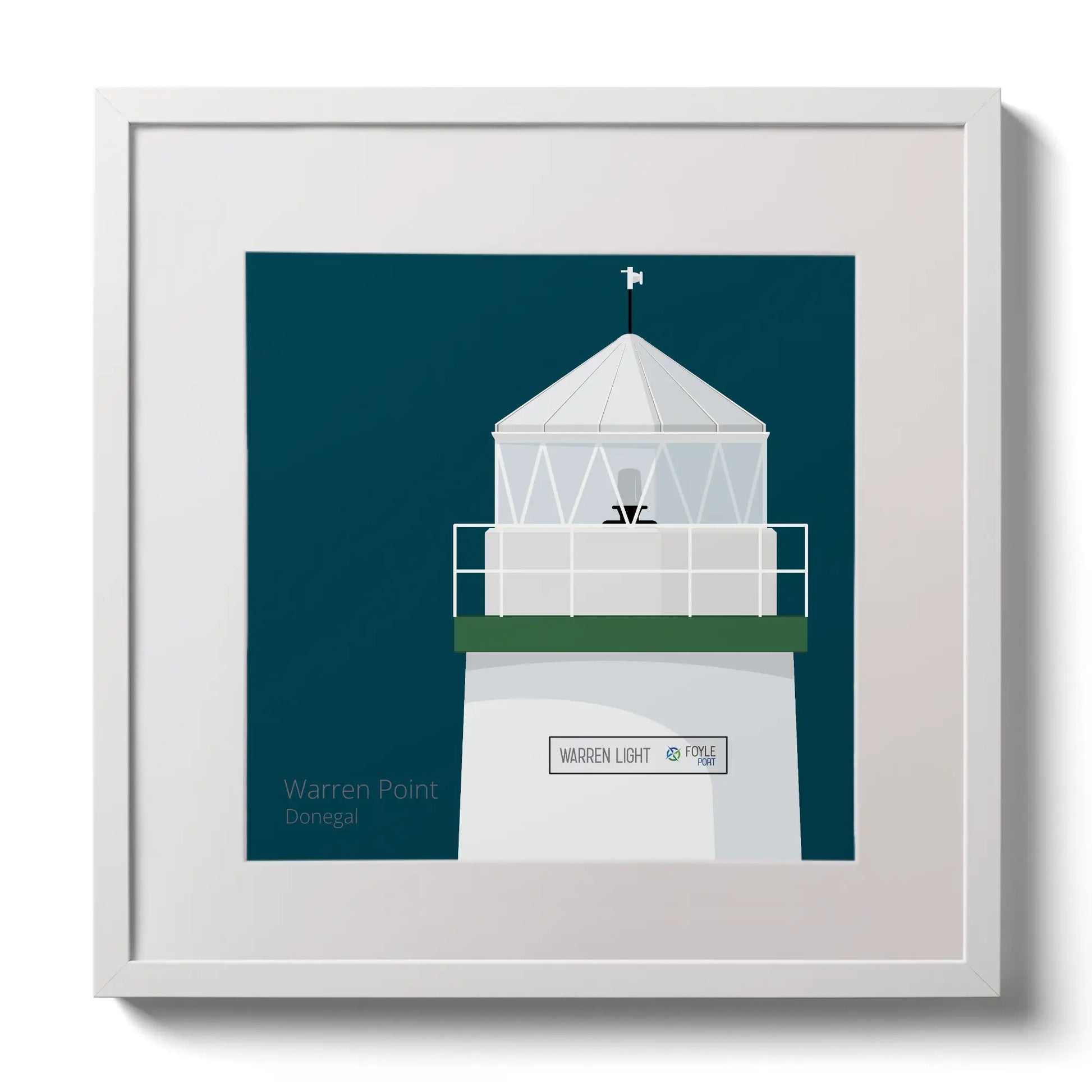 Illustration  Warren Point lighthouse on a midnight blue background,  in a white square frame measuring 30x30cm.