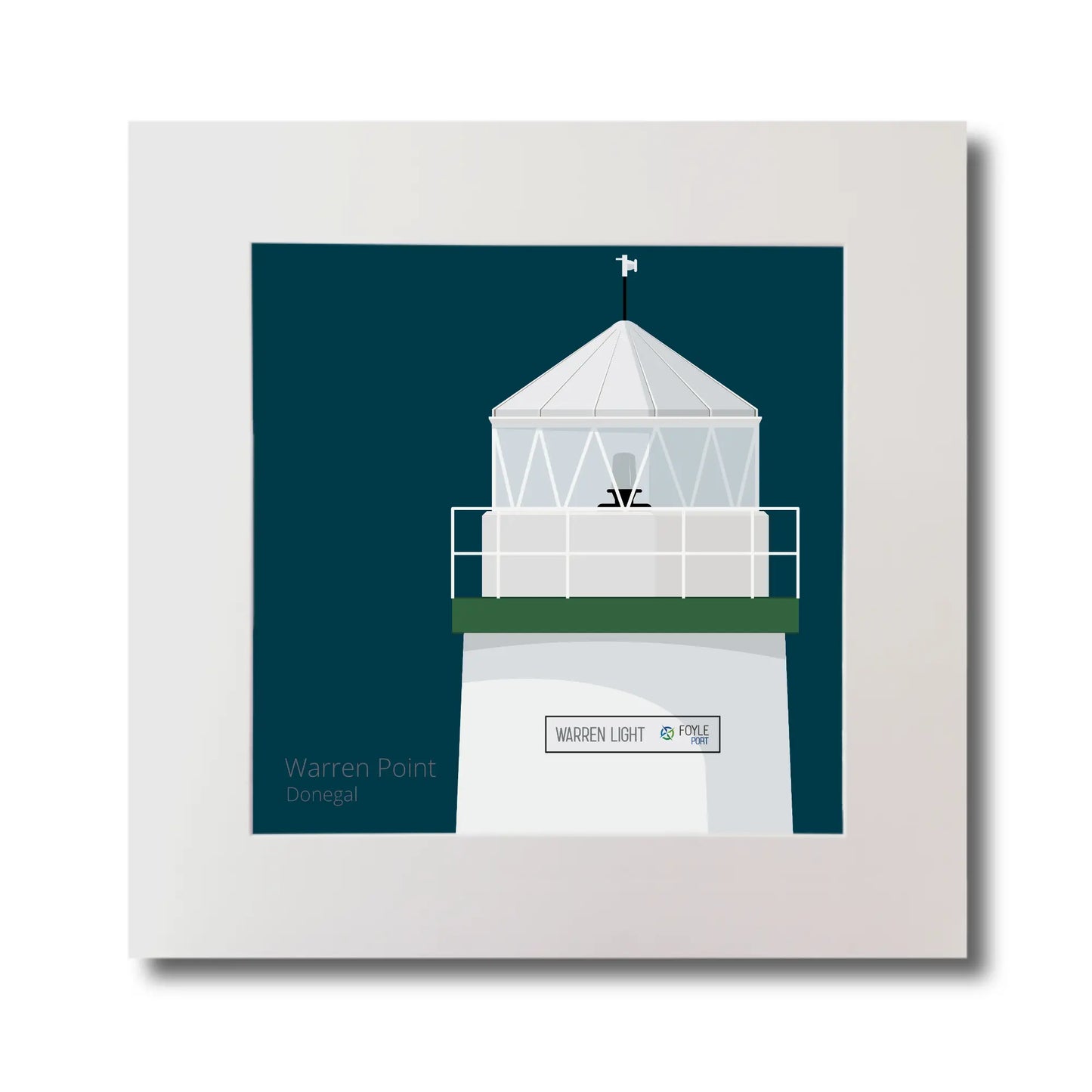 Illustration  Warren Point lighthouse on a midnight blue background, mounted and measuring 30x30cm.