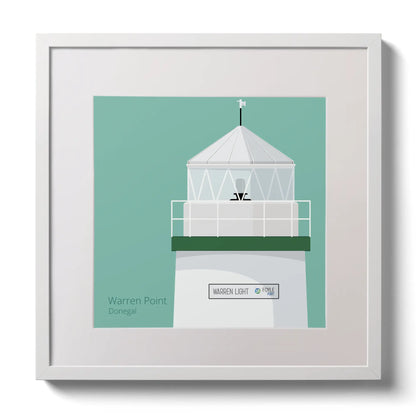 Illustration  Warren Point lighthouse on an ocean green background,  in a white square frame measuring 30x30cm.