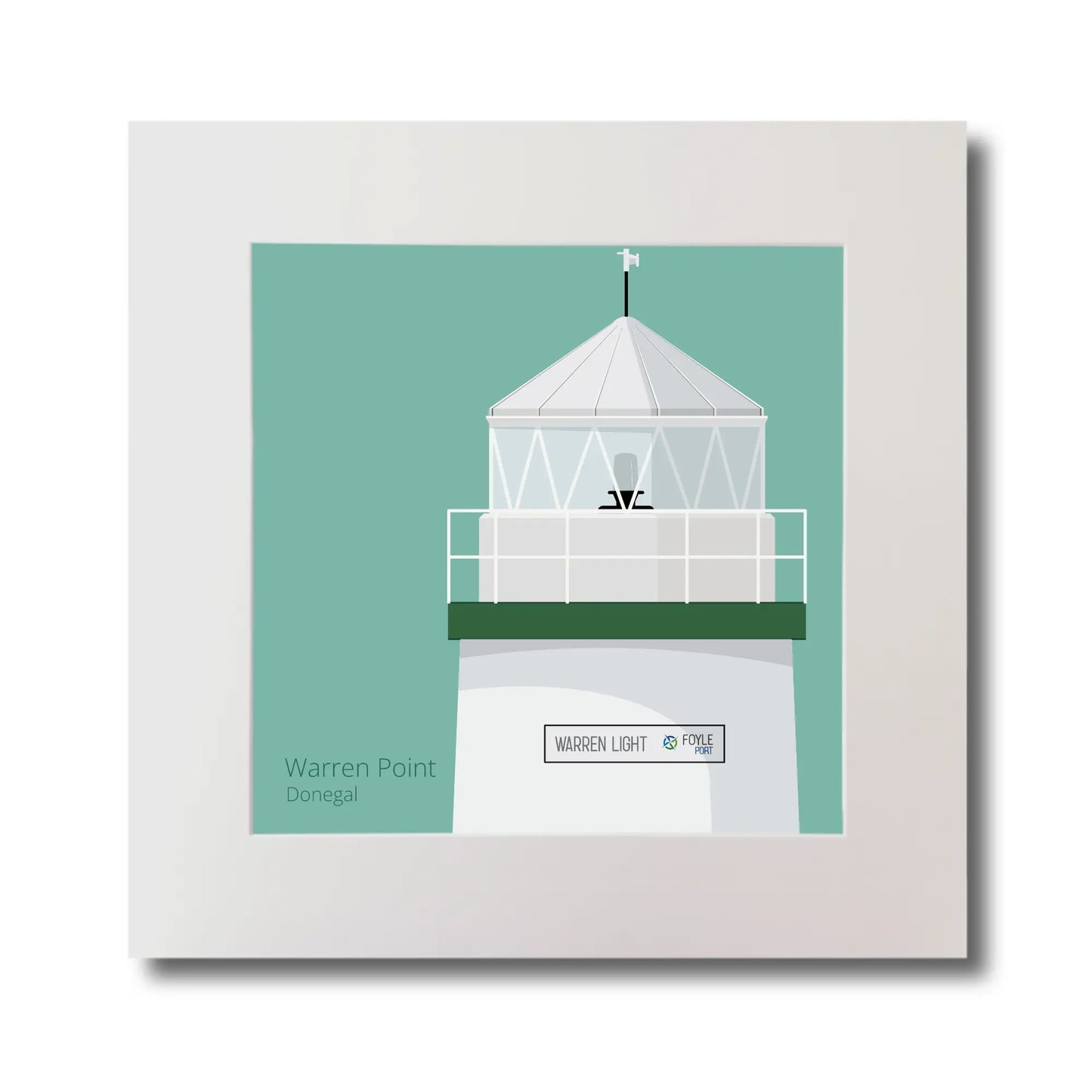 Illustration  Warren Point lighthouse on an ocean green background, mounted and measuring 30x30cm.