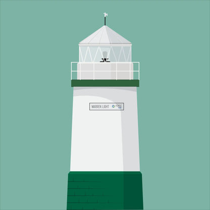Contemporary graphic illustration of Warren Point lighthouse on a white background inside light blue square.