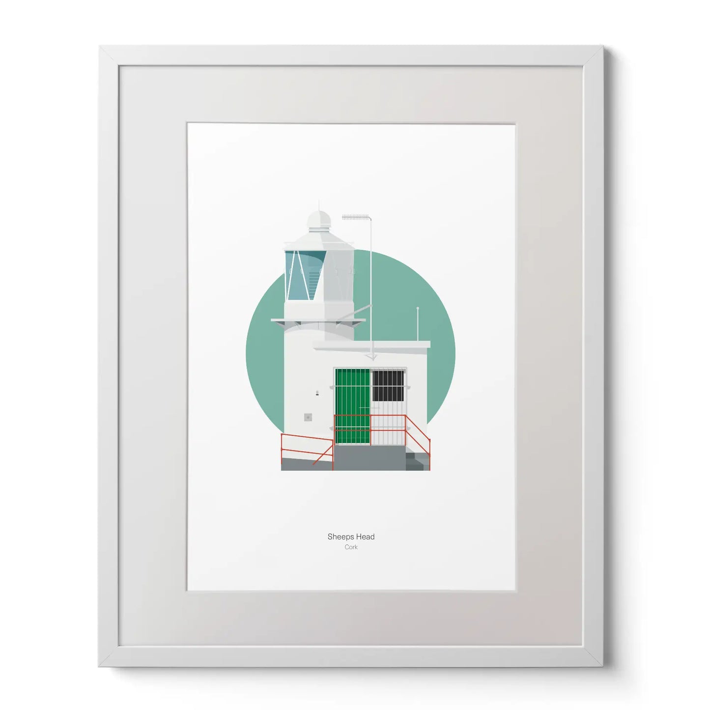Contemporary art print of Sheeps Head lighthouse on a white background inside light blue square,  in a white frame measuring 40x50cm.