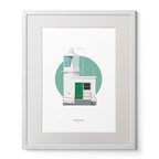Contemporary art print of Sheeps Head lighthouse on a white background inside light blue square,  in a white frame measuring 40x50cm.