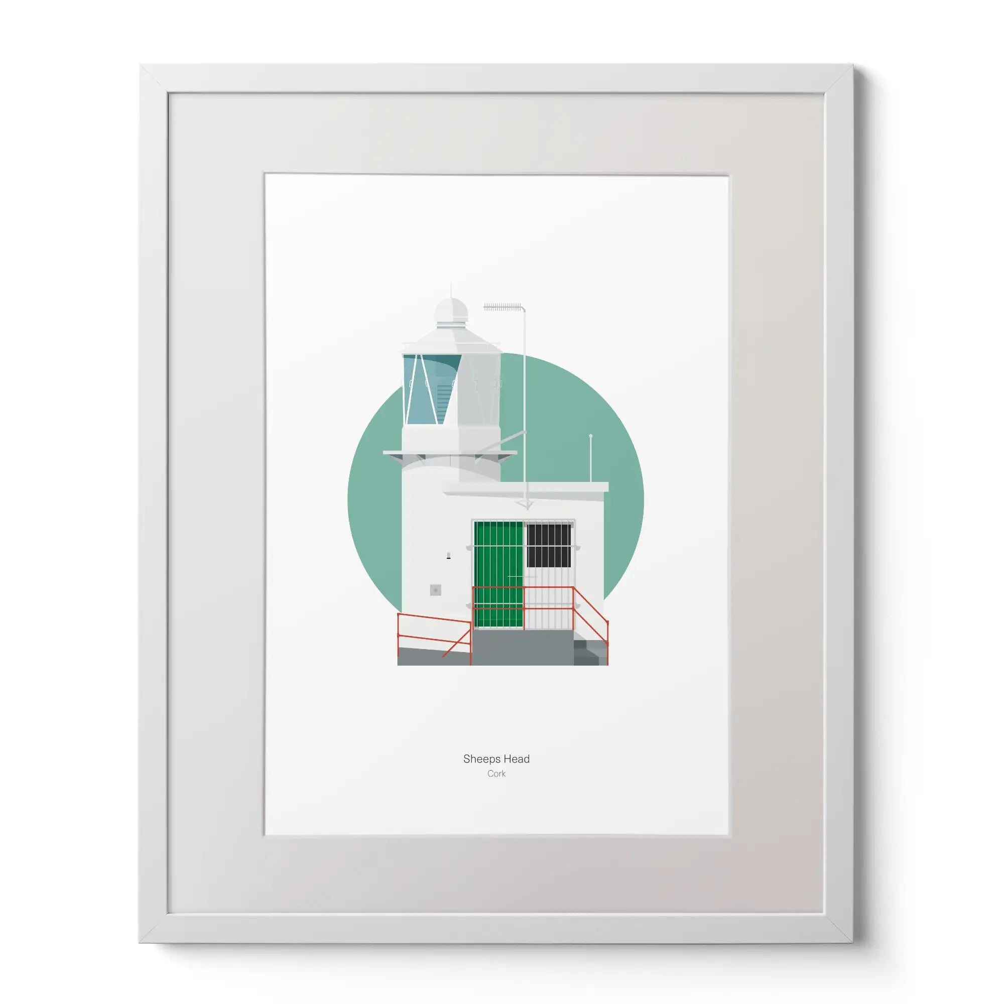 Contemporary art print of Sheeps Head lighthouse on a white background inside light blue square,  in a white frame measuring 40x50cm.