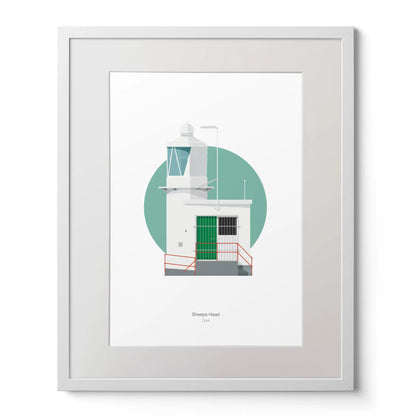 Contemporary art print of Sheeps Head lighthouse on a white background inside light blue square,  in a white frame measuring 40x50cm.