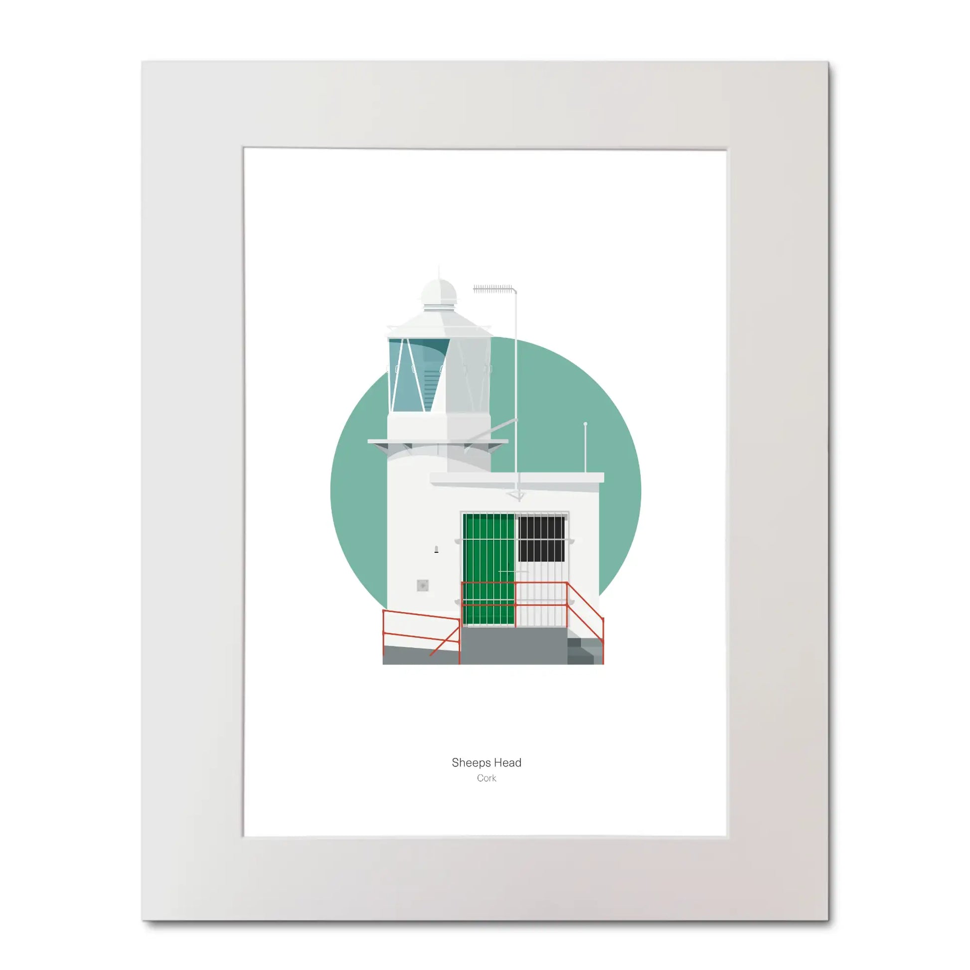 Contemporary illustration of Sheeps Head lighthouse on a white background inside light blue square, mounted and measuring 40x50cm.