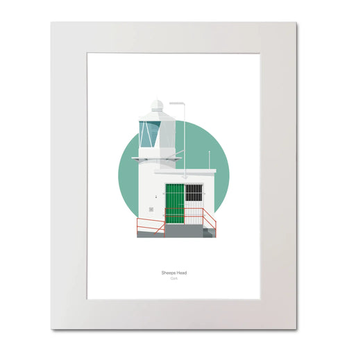 Contemporary illustration of Sheeps Head lighthouse on a white background inside light blue square, mounted and measuring 40x50cm.