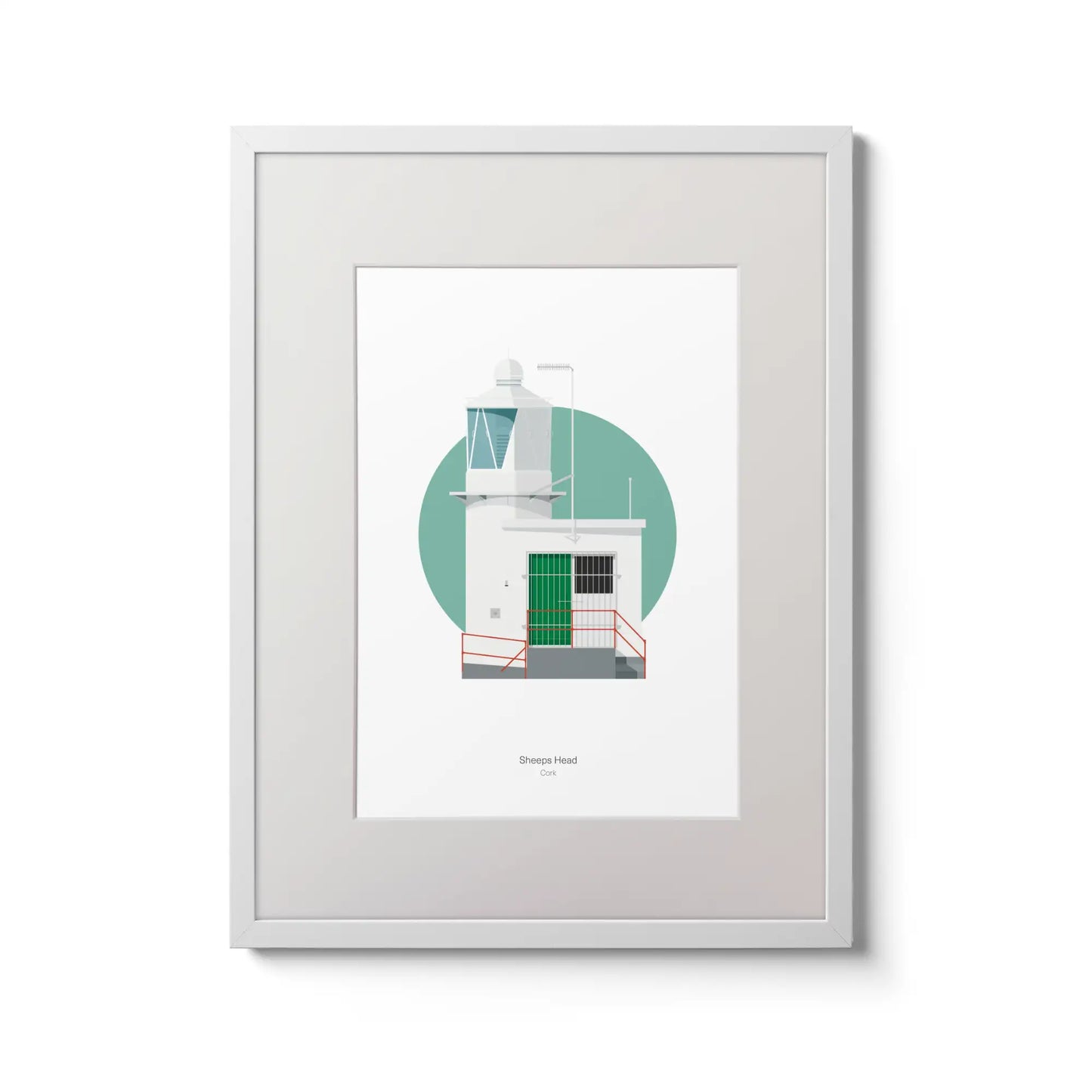 Contemporary wall art decor of Sheeps Head lighthouse on a white background inside light blue square,  in a white frame measuring 30x40cm.