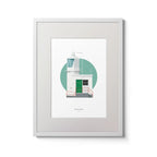 Contemporary wall art decor of Sheeps Head lighthouse on a white background inside light blue square,  in a white frame measuring 30x40cm.