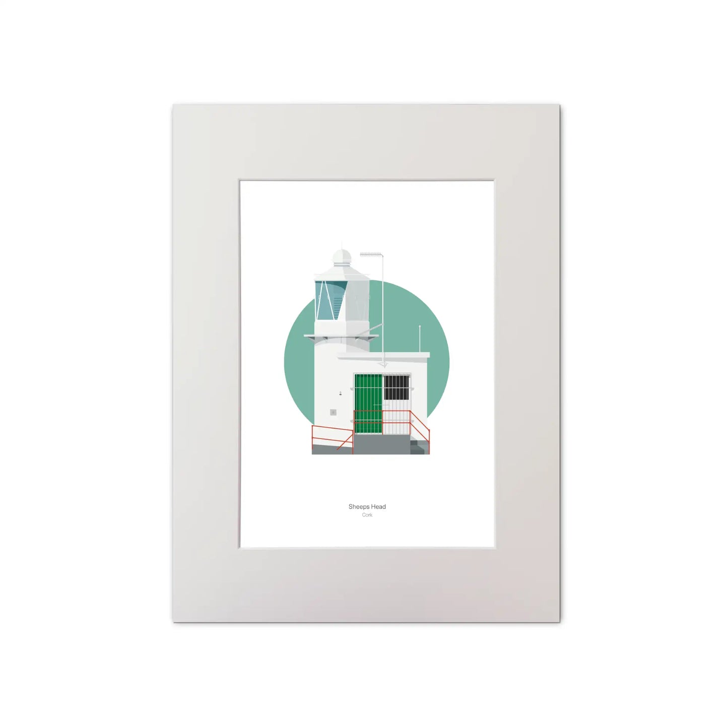 Contemporary graphic illustration of Sheeps Head lighthouse on a white background inside light blue square, mounted and measuring 30x40cm.