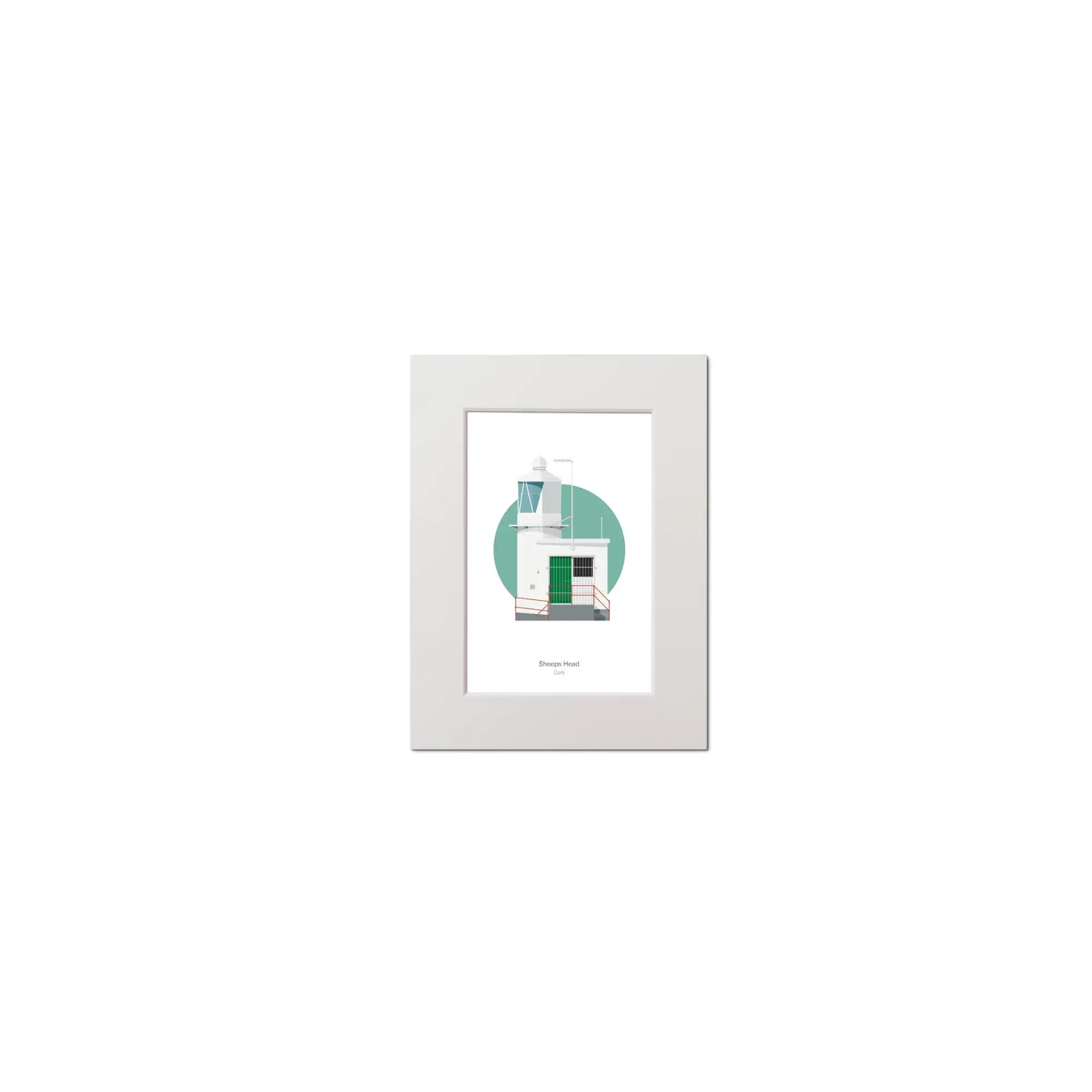 Contemporary graphic illustration of Sheeps Head lighthouse on a white background inside light blue square, mounted and measuring 15x20cm.