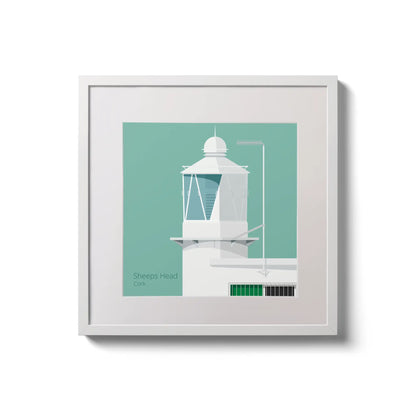 Contemporary wall hanging  Sheeps Head lighthouse on an ocean green background,  in a white square frame measuring 20x20cm.