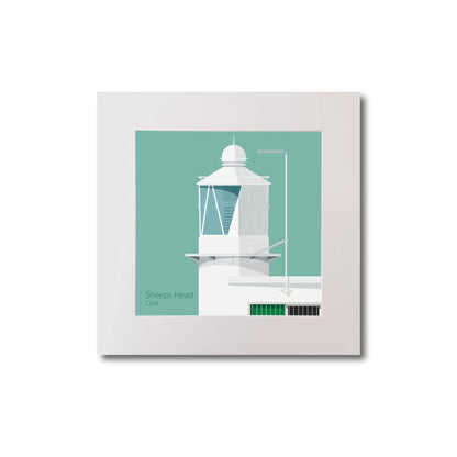 Illustration  Sheeps Head lighthouse on an ocean green background, mounted and measuring 20x20cm.