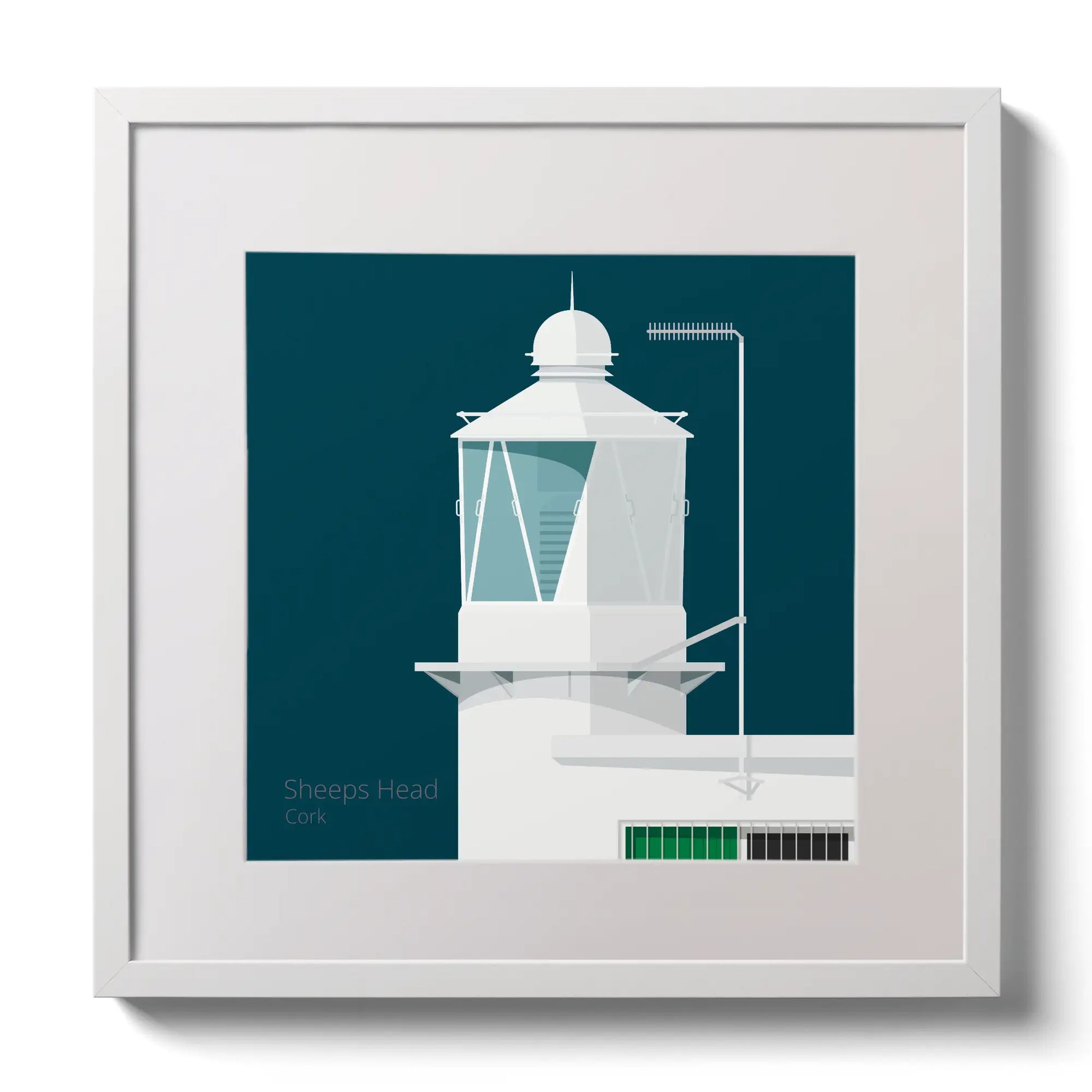 Illustration  Sheeps Head lighthouse on a midnight blue background,  in a white square frame measuring 30x30cm.