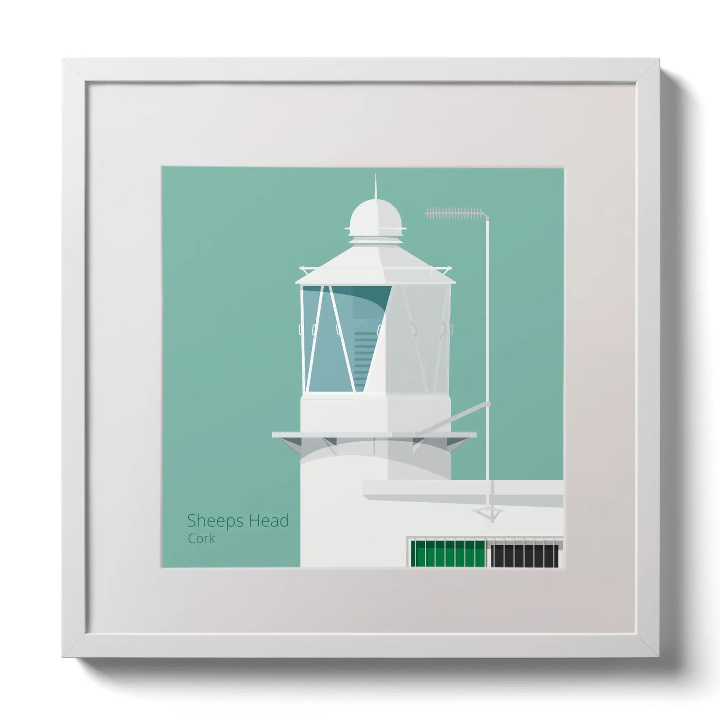 Illustration  Sheeps Head lighthouse on an ocean green background,  in a white square frame measuring 30x30cm.