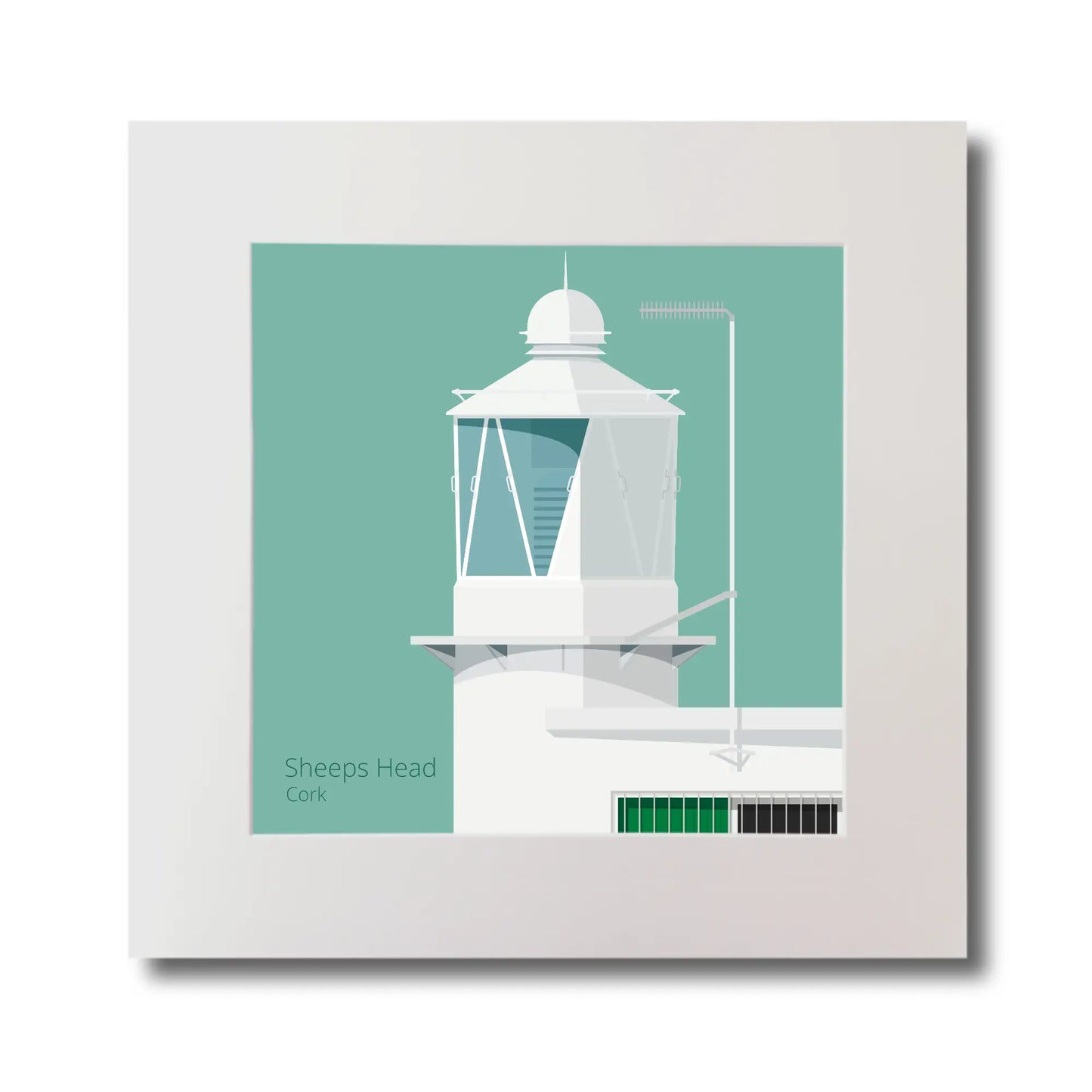 Illustration  Sheeps Head lighthouse on an ocean green background, mounted and measuring 30x30cm.
